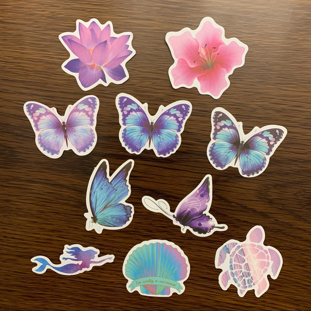 NWOT Assorted Mermaid, Butterfly & Flower Whimsical Stickers // Blue, Purple,